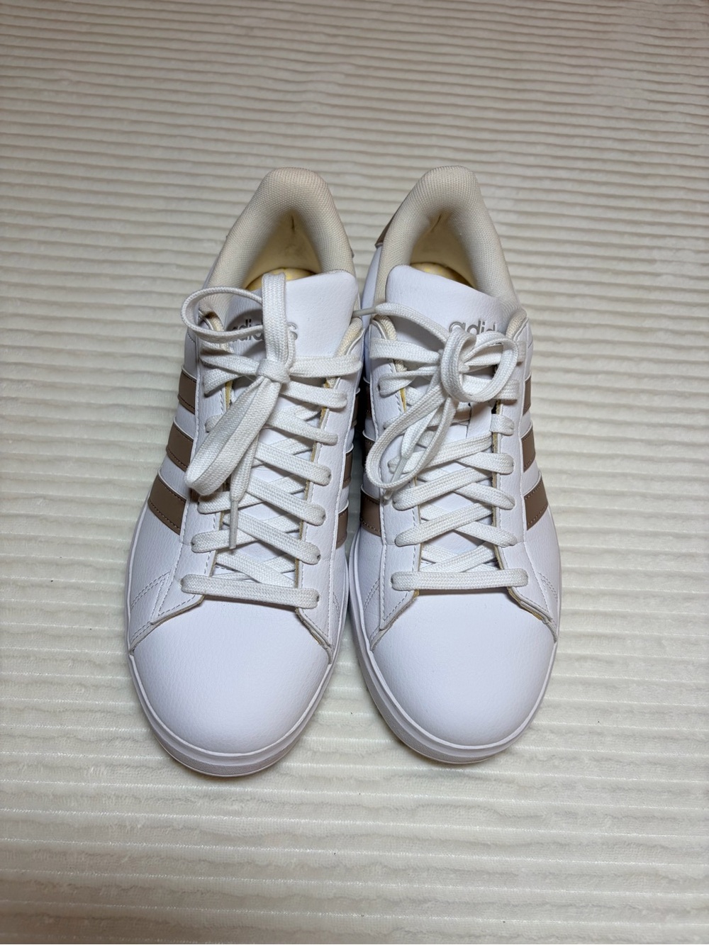 adidas White Sneakers with Tan Stripes